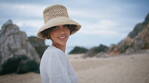 Romantic Woman Posing Ocean Shore Closeup Smiling Happy Tourist Resting Island
