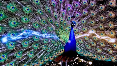 Paon vibrant affichant de superbes plumes colorées la nuit