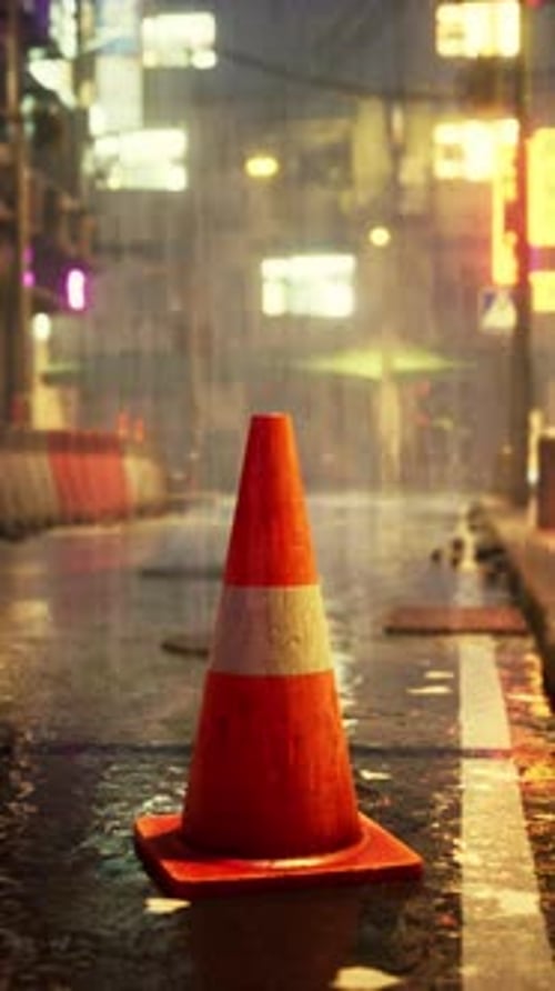 Traffic Cone Beside Rainy Asian Road