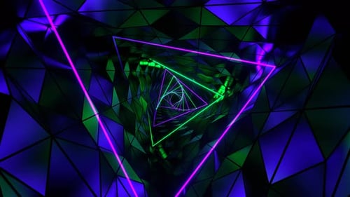 Purple And Turquoise Neon Ribbed Triangular Spiral Tunnel Background Vj Loop In 4K