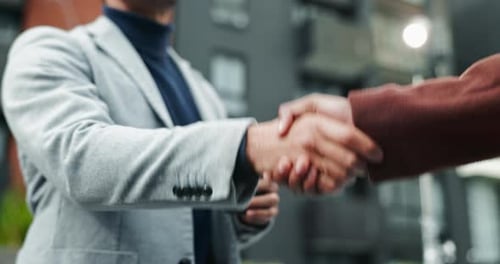Corporate, business people and greeting with handshake in city for introduction
