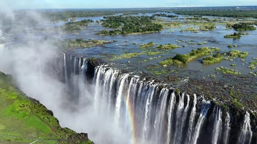 Aerial view of Victoria Falls with powerful waterfall plunging into gorge, mist rising above lush