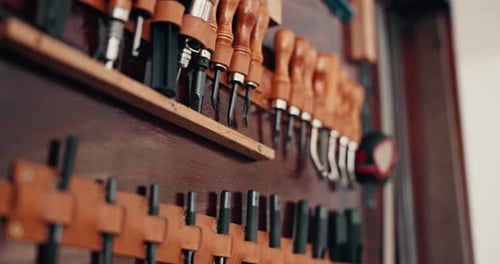 Shelf, workshop and tools for leather work, service or steel for maintenance