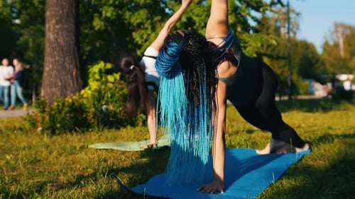 Two Young Women Doing Yoga Exercises in the Park One
