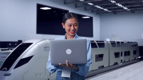 Woman With Laptop Poses in Front of Train