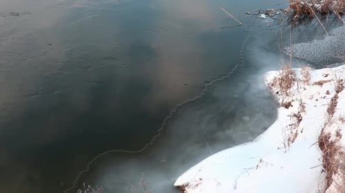 Water flow on lake covered in snow close-up