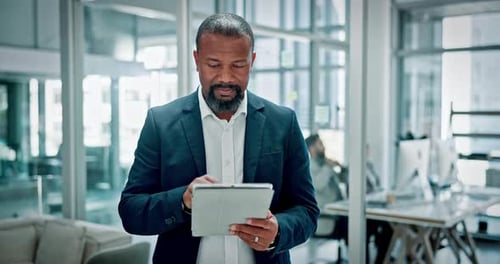 Scroll, info and man with tablet, office and employee with research for wealth management or online