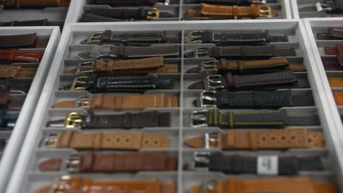 Watch straps neatly organized in rows, featuring a variety of leather textures, colors, and stitchin