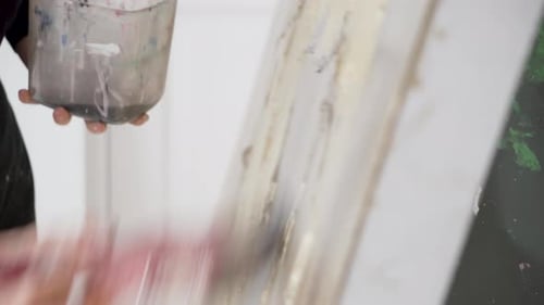 Texture Of A Wide Canvas With Artist Working With Big Paintbrush. - Shot