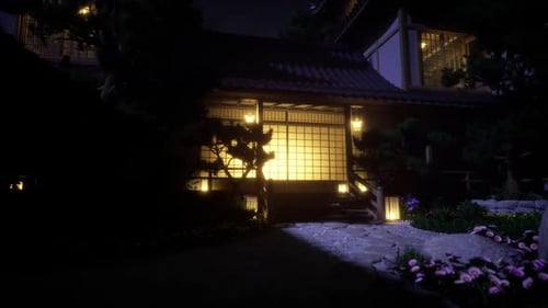 Calm Nighttime Scene with Illuminated Garden and Wooden Veranda