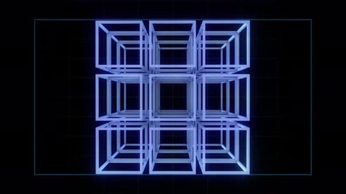 Abstract Blue Wireframe Cubes Expanding and Rotating Animation