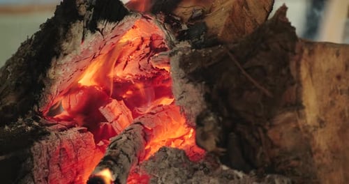 Burning Logs in Fireplace Close Up
