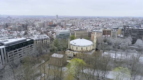 Aerial view of the Grand Mosque building in Cinquantenaire Park. Brussels, Belgium