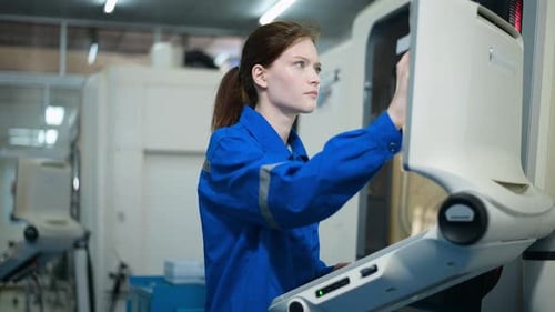 Female Robotics engineers Using Controller to Remotely Operate programming