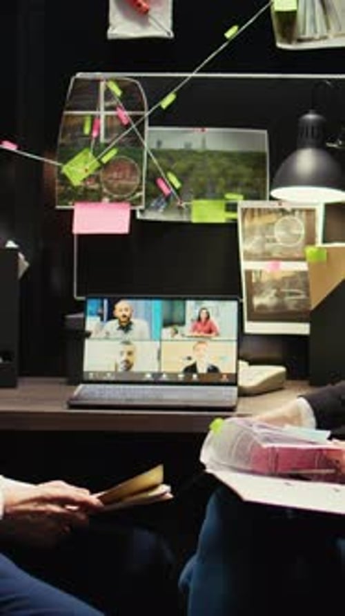 Detectives de vídeo vertical haciendo preguntas en una videollamada
