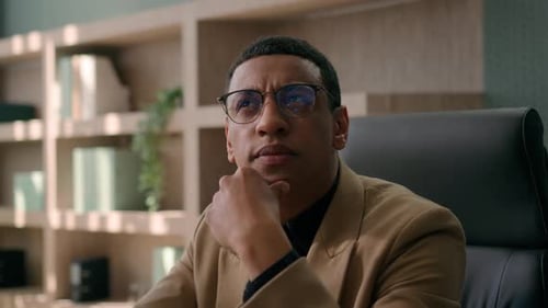 Pensive Thoughtful African American Man Work Laptop in Office Male Writer Businessman Business