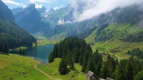 Beautiful Mountain Lake Seealpsee in the European Alps of Switzerland