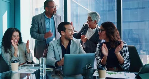 Meeting, applause and business people in office on laptop for celebration