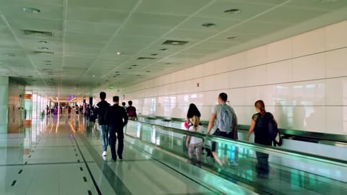 Passengers Moving Through Busy Airport Terminal With Walkway
