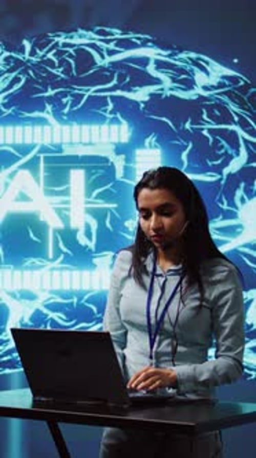 Vertical Video Technician in AI High Tech Workspace Managing Call Center Tasks