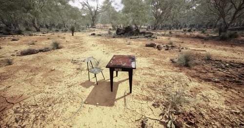 Lonely Table and Chair in a Vast Australian Landscape Under Bright Sky