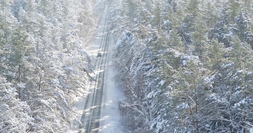 Straße im verschneiten Wald. Luftbild der Drohne. Winterlandschaft in Litauen