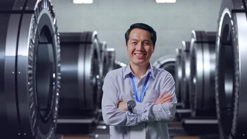 Asian Worker Acrossing His Arm In Metal Factory