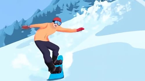 Mann beim Snowboarden in verschneiter Landschaft — Zeichentrickszene für den Wintersporturlaub