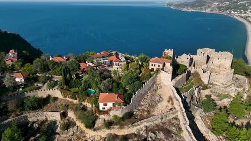 Castle Alanya Kalesi Aerial View 4 K Red Tower Blue Sea Morning Sun Vertical Shot