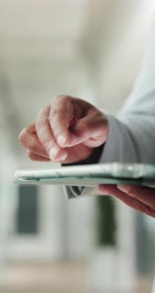 Hands, tablet and click at office for report with policy review, night and proposal at insurance