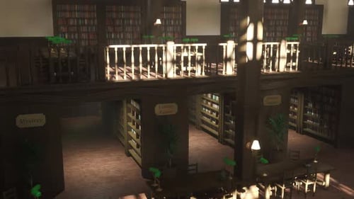Bibliotheksinterieur mit beschrifteten Genreabschnitten für organisierten Zugang