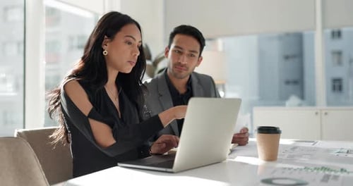 Talking, laptop and business people teamwork, reading and discussion on online sales news