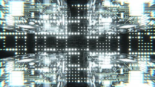 White Cybernetic Chip Cube And Dots Flythrough Background Vj Loop I 4K