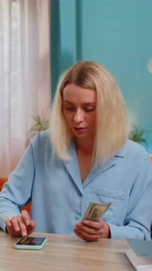 Woman Counting Money Cash Use Smartphone Calculator Application Calculate Income Earnings Home Bills