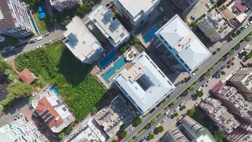 Aerial View Beautiful Residential Complex With a Pool and Water Slides for Kids By the Sea