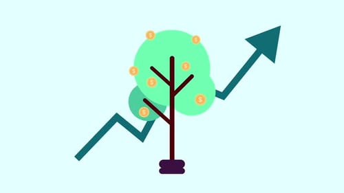Financial Growth Symbolized by a Green Tree with Gold Coins and an Upward Arrow.