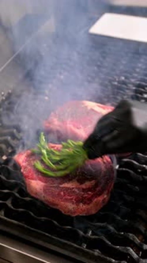 Raw ribeye steaks on grill with herbs. Two raw ribeye steaks with seasoning
