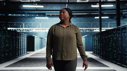 Technician Upgrades Server Infrastructure with Green Screen Tablet in Data Center