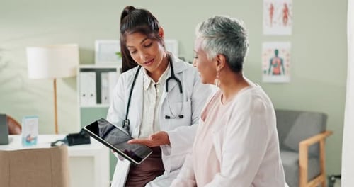 Tablet, consultation and doctor with senior patient in hospital office for diagnosis or treatment