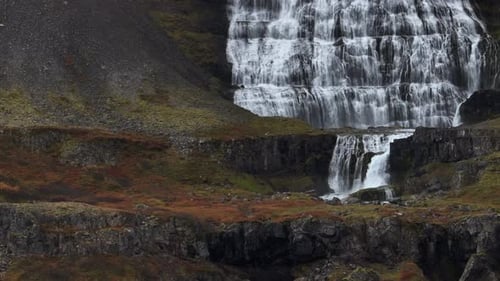 Aerial view of a beautiful waterfall in highlands region of Iceland.