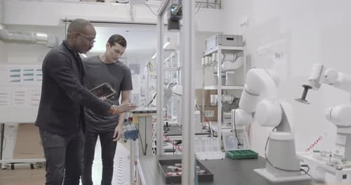 Engineers working on a programming for robotic arm