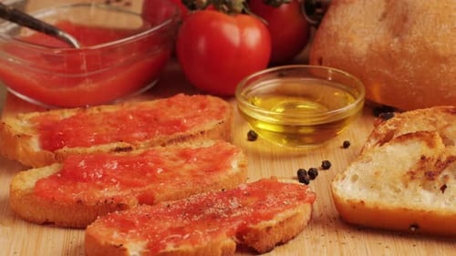 Delicious Tapas Bread with Tomatoes Pasta with Olive Oil Closeup Bruschetta with Red Sauce Ketchup