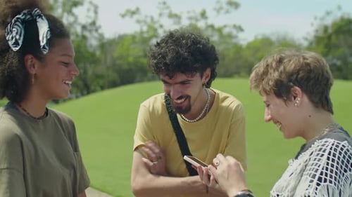 Young Friends Using Smartphone and Chatting in Park