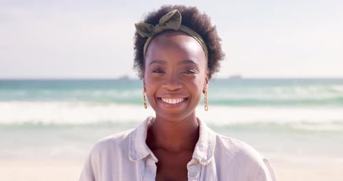 Face, beach and funny with black woman, sunshine and holiday with happiness and cheerful girl