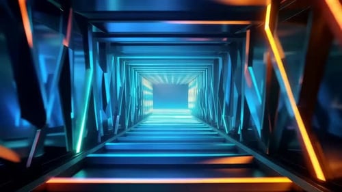 Futuristic SciFi Neon Tunnel with Geometric Reflections