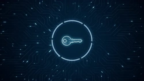 Logo de clé de sécurité numérique bleu et cercle technologique futuriste (HUD) avec circuit imprimé