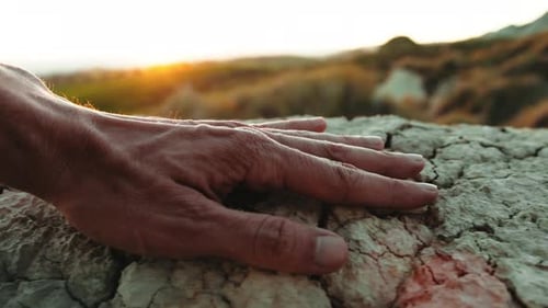 Hand on Dry Cracked Earth at Sunset