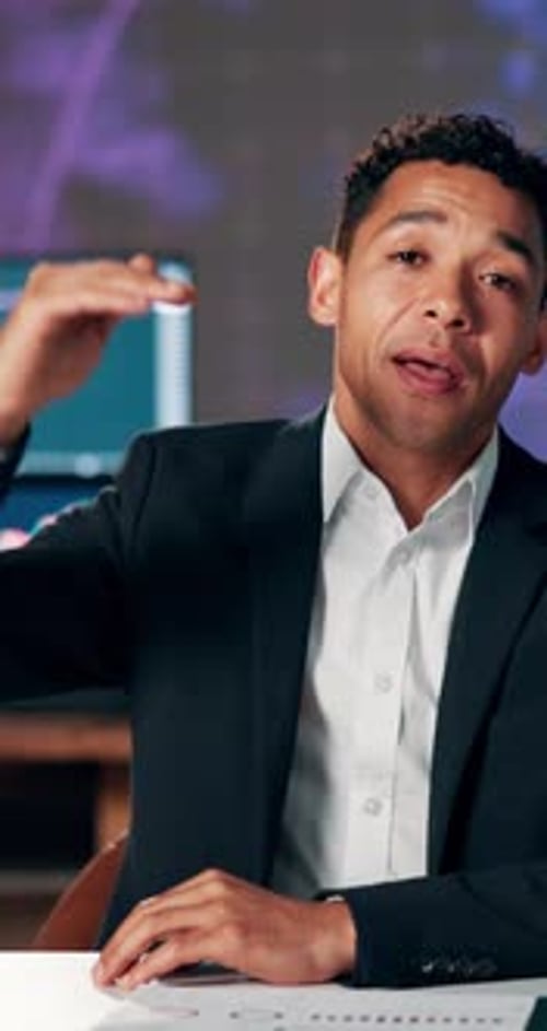 Face, businessman and reporter with financial newsroom for stock market