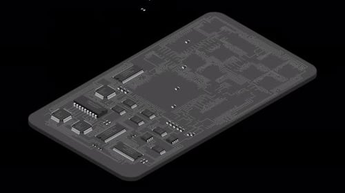 Isometric electronic board animation. Isometric printed circuit board with electronic components