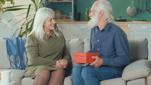 Mature Couple Exchanging Gifts at Home